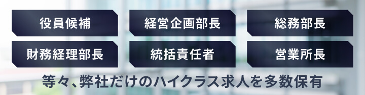 役員候補 経営企画部長 総務部長 財務経理部長 統括責任者 営業所長 等々、弊社だけのハイクラス求人を多数保有